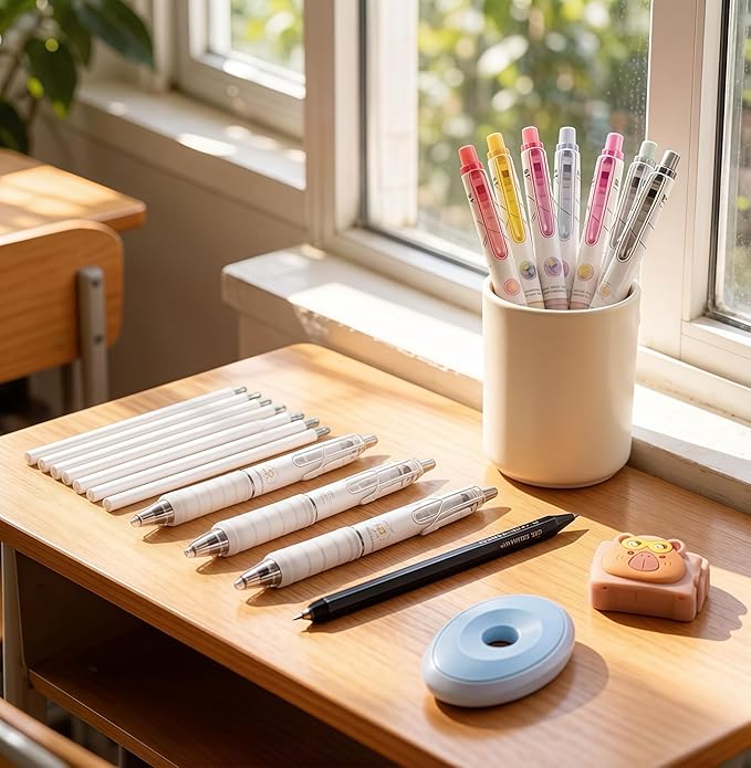 36Pcs Erasable Gel Pens Set, 14 Pens with 12 Erasable Gel cute Pens and 2 Pencils, 20 Refills, 2 Erasers, Cute Design,Make Mistakes Disappear, Premium Comfort Grip for School Supplies