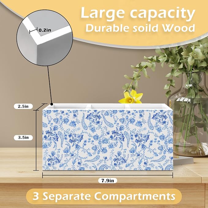 Blue and White Chinoiserie Floral Pen Pencil Holder, Blue Floral Decor Desk Accessories, Cottagecore Flower Botanical Wooden Pen Pencil Organizer for Girls Room Bedroom Office Desk Decor
