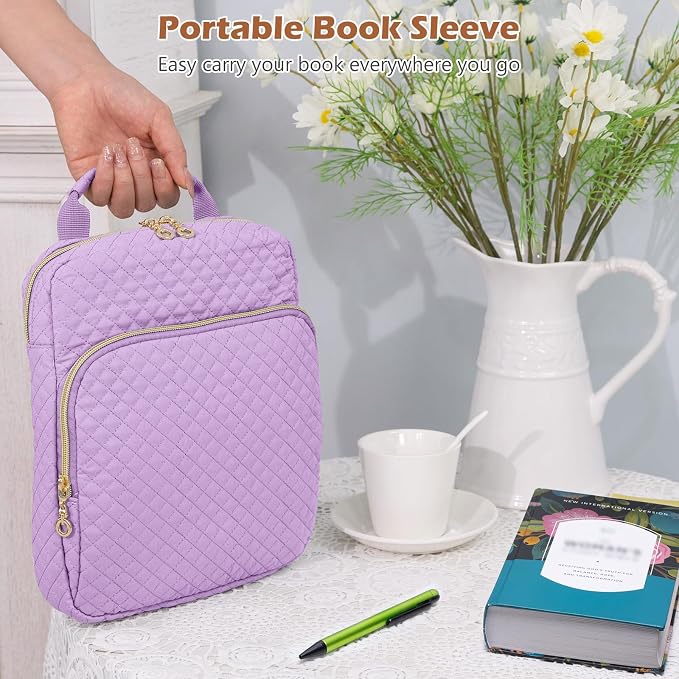 Book Sleeve with Zipper Book Pouch,Quilted Book Carrier, Book Covers for Book Lovers,Multi-Pocket Book Protector Case for Hardcover,Book Accessories, Bible Bags for Bible Study Supplies, AA Books