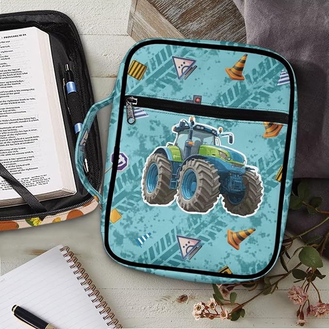 Coldinair Cool Tractor Bible Covers Bag for Kids Teen,Cool Carrying Book Case Church Bag Bible Holder with Handle and Zippered Pocket,Blue