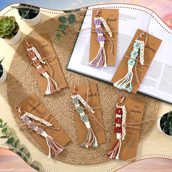 Gerrii 12 Set Back to School Keychains Bulk Christian Gifts for Women Christian Faith Bookmarks with Inspirational Bible Verses Macrame Tassel Keychain Classroom Prize Bible Verse Gift (Bright)