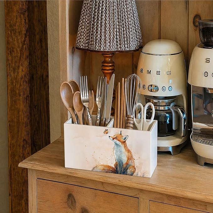 Fox Pen Pencil Holder for Desk Fox Gifts for Women,Animal Lovers Gifts, Rustic Butterfly Animal Wooden Box Sign Decorations for Kids Room Home Office Desk Tabletop