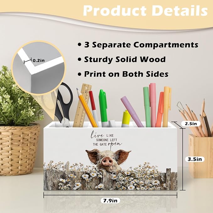 Rustic Pig Pen Holder Organizer, Farmhouse Pig Gifts for Women Girls PigLovers Desk Decor, Live Like Someone Left the Gate Open Wooden Pen Pencil Holders for Vintage Desk Accessories