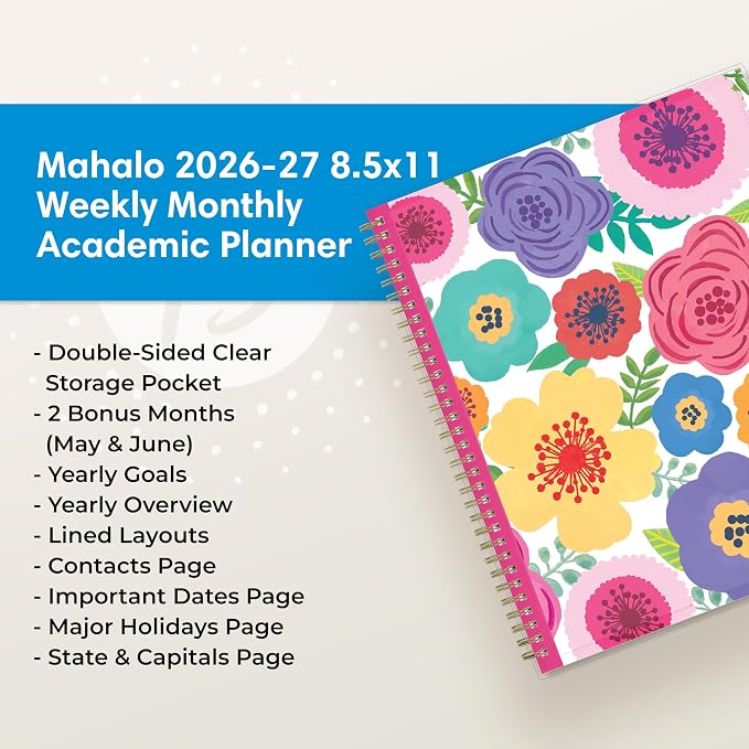 Blue Sky 2026-2027 Weekly and Monthly Academic Year Planner Calendar, July 2026 - June 2027, 8.5" x 11", Flexible Pocket Cover, Wirebound, Storage Pocket, Laminated Tabs, Mahalo