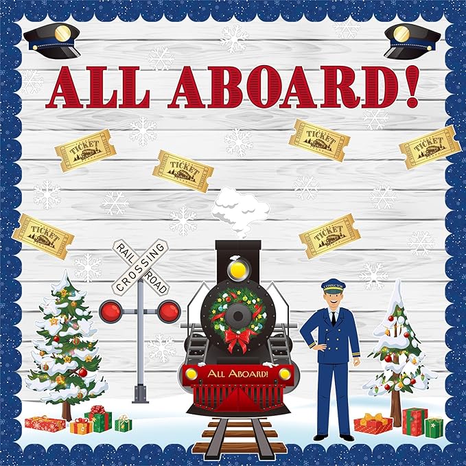 Christmas Bulletin Board Set Christmas Express Train Classroom Decorations Railroad Railway Crossing Tickets Conductor Paper Cutouts for Wall Door Decor for Office Home Xmas Display Supplies