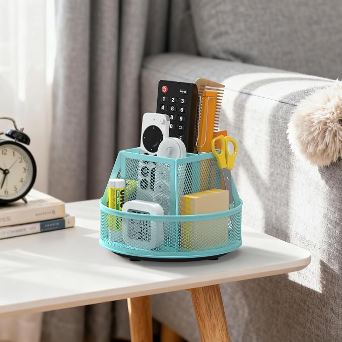 Docnest 360° Rotating Pen Holder,Heavy-Duty Metal Mesh Desk Organizer with 6 Compartments for Pencils,Scissors & Markers –Space Saving Office Supply for Teachers, Students & Home Desk-Blue