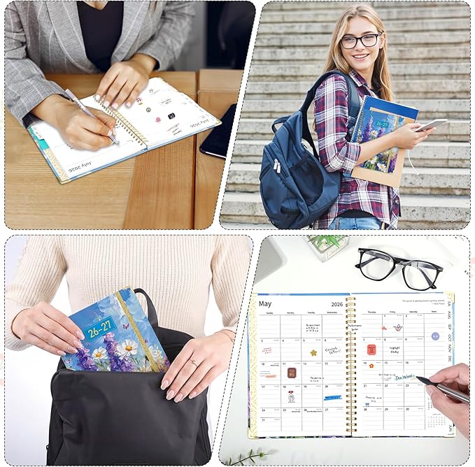 2026-2027 Planner, Weekly and Monthly Planner, July 2026-June 2027, Calendar Planner A5 (6.1" x 8.4") with Tabs, Inner Pocket for Home School Office Supplies, Purple Flower
