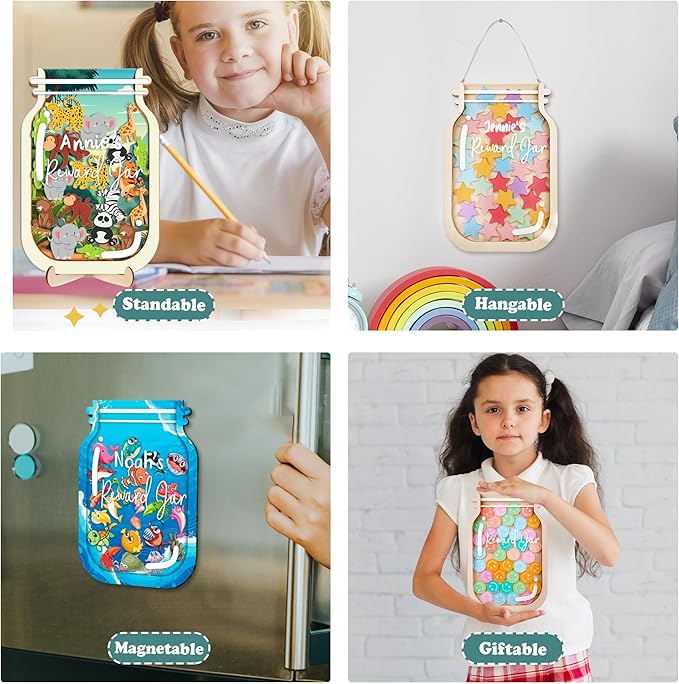 Personalized Magnetic Reward Jar Coloful for Kids Flower Smiley Star Animal Magnetic Token Good Behavior System Jar Custom Name Potty Training Chart Classroom Incentive & Positive Reinforcement Tool