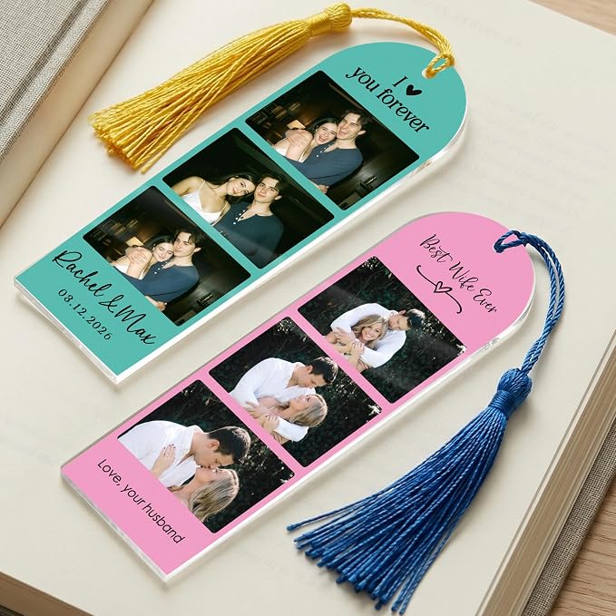Personalized Photo Acrylic Bookmark with Tassel, Custom Picture Gift with 3 Photos and Text, Gift for Book Lovers, Best Friend, Mom, Couple Anniversary