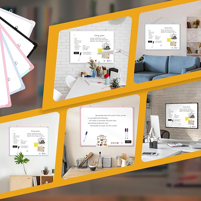 Dry Erase Board for Wall, 24" x 18" Double-Sided Hanging White Board with 6 Markers, 6 Magnets and 3 Mini Sticky Notes, Portable Whiteboard for Home, Office, School, Pink Frame