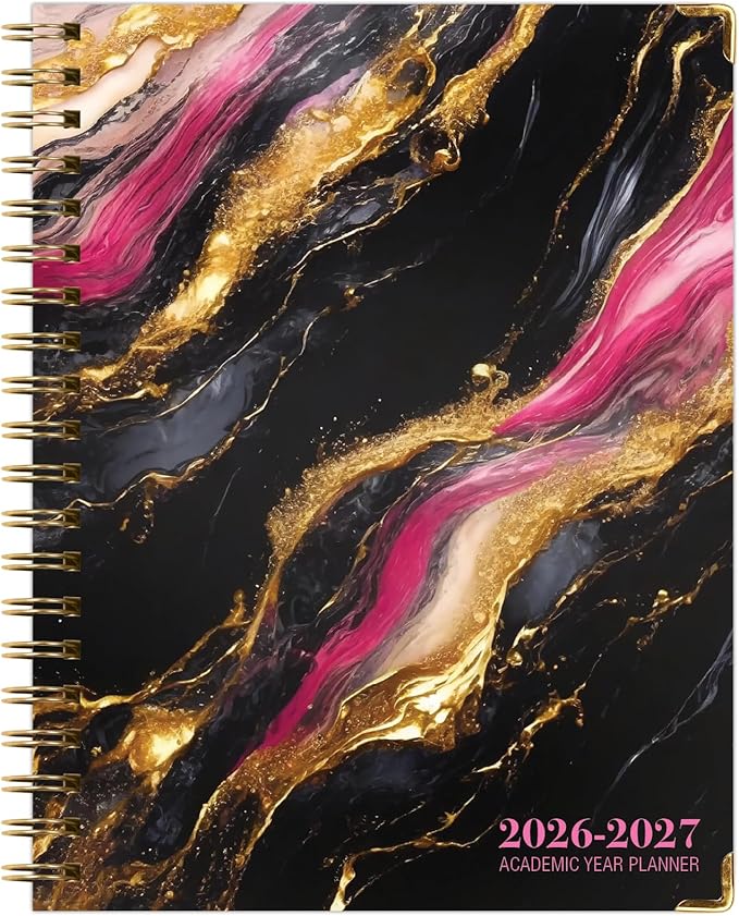 HARDCOVER Academic Year 2026-2027 Planner: 14 Months (May 2026 Through June 2027) 8.5"x 11" Daily Weekly Monthly Planner Yearly Agenda. Bookmark, Pocket Folder and Sticky Note Set (Dark Gold Marble)