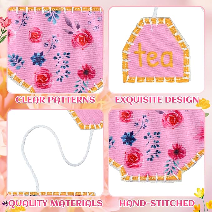 Resurhang 12 Pcs Tea Bag Bookmarks Tea Party Favors Cute Hand Embroidered Teapot Bookmarks Gift for Spring Holiday Teacher Women Book Reading Lovers Gift Book Marks (Classic)