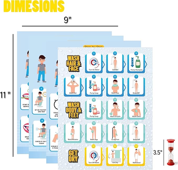 Educational Chart for Kids Step by Step Laminated 9x12 Inch for Children Self Care Visual Chart Ideal for Special Needs and Autism (Hygiene Routine Chart)