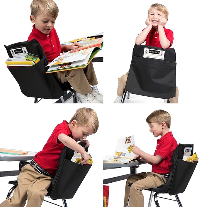 Seat Sack Student Chair Storage Pocket - 17", Double Pocket, Classroom Chair Organizer for Student Desks, Durable Over-the-Chair Storage, Black, 1-Pack