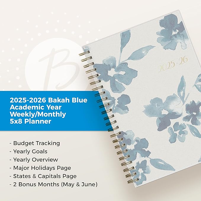 Blue Sky 2025-2026 Weekly and Monthly Academic Year Planner Calendar, July 2025 - June 2026, 5" x 8", Flexible Cover, Wirebound, Laminated Tabs, Bakah Blue