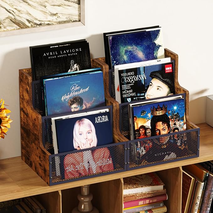 Yuzehuaza Vinyl Record Storage,Stepped 3 Tier LP Vinyl Record Crate,Vinyl Record Album Holder,Holds up to 60 Records,Desktop Metal & Wooden Record Box Case Crate