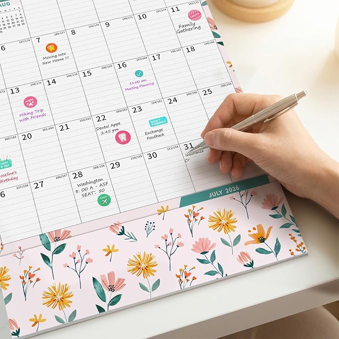 Ospelelf Wall Calendar 2026-2027 with Storage Pockets, 17" X 12" Monthly Large Planner Pad with Protective Cover and Stickers, for Family Fridge Office Teacher Student, Use July 2026 to December 2027 Ditsy Floral