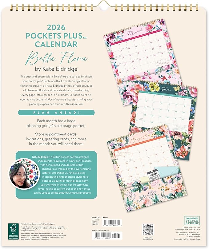 Orange Circle Studio Pockets Plus Wall 2026 Calendar, Bella Flora, Large Monthly Planner, Hanging Organizer, Aesthetic for Home Office, Classroom, School, Family Calendar, Easy Planning & Organizing
