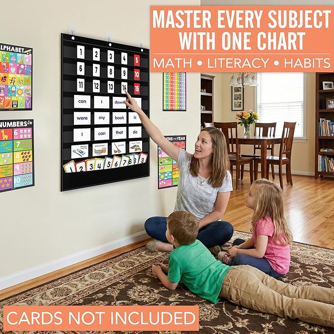 Pocket Chart for Classroom - 7+1 Black Pocket Chart for Alphabet Learning Word Wall Calendar Daily Schedule Sentence Strips Sticker Display, Teacher Supplies for Preschool Kindergarten & Home