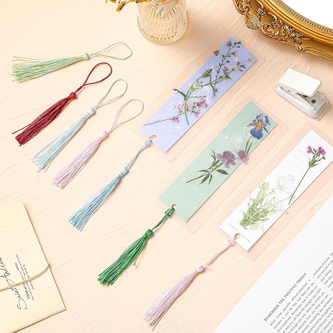 Fuyoooo 101 Pcs DIY Bookmark Making Kit Bookmark Laminating Pouches 5 Mil Hot Laminator Sleeves with Rainbow Tassels and Puncher Fit Most Pouch Laminating Machines Easter Gift(Mixed Sizes)