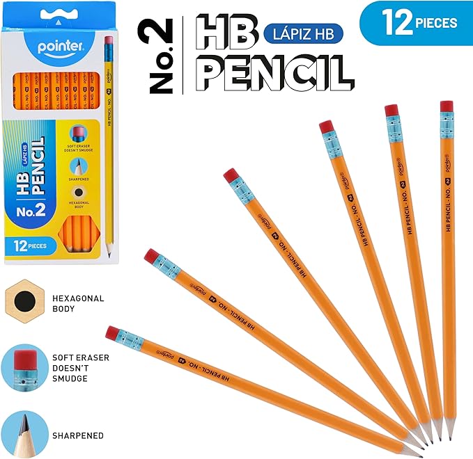 Pointer No.2 HB Pencils, Bulk Pack of 144 – Pre-Sharpened Wood-Cased Pencils with Soft Erasers, Hexagonal Body, Yellow for School, Office & Testing
