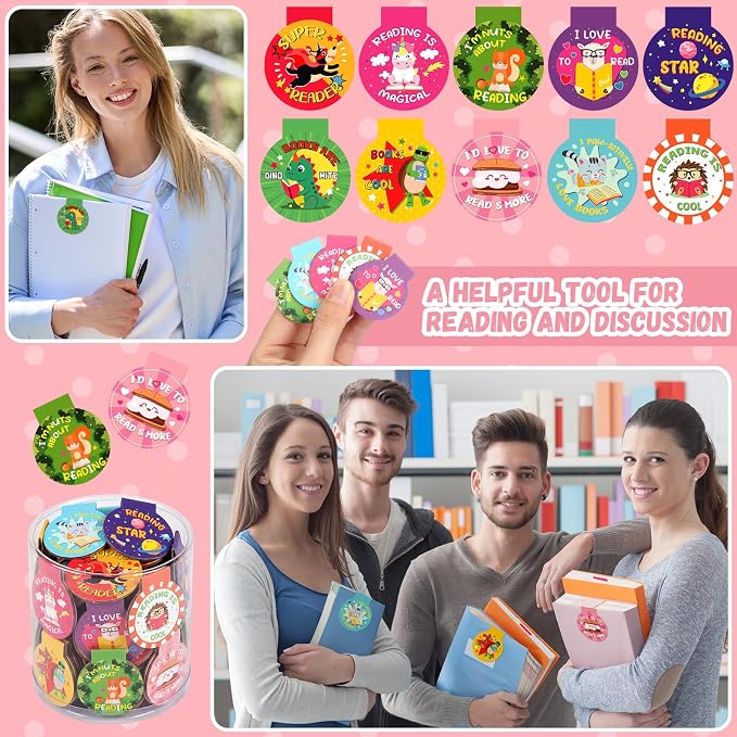 Resurhang 100 Pcs Reading Reward Magnetic Bookmarks for Kids Cute Animal Magnet Bookmark in 10 Designs 1.38 Inches Motivational Back to School Gifts for Teachers Students and Books Lover Gifts
