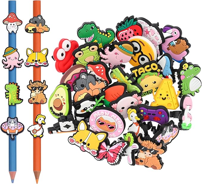 30PCS Pencil Toppers,Cute Pencil Charms for Students Bulk School Teacher Supplies Fun Pen Toppers Charms,PVC Pencils Clips Accessories Random Different Pencils Decor Classroom Rewards Prizes gifts
