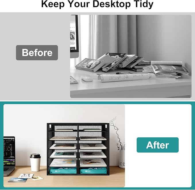 TQVAI 12 Compartments Desktop Literature Organizer, Metal Frame Paper Sorter with Handles, Adjustable Mailbox for Classroom and Office, Desk File Organizer for Document, Bill, Magazine, Black