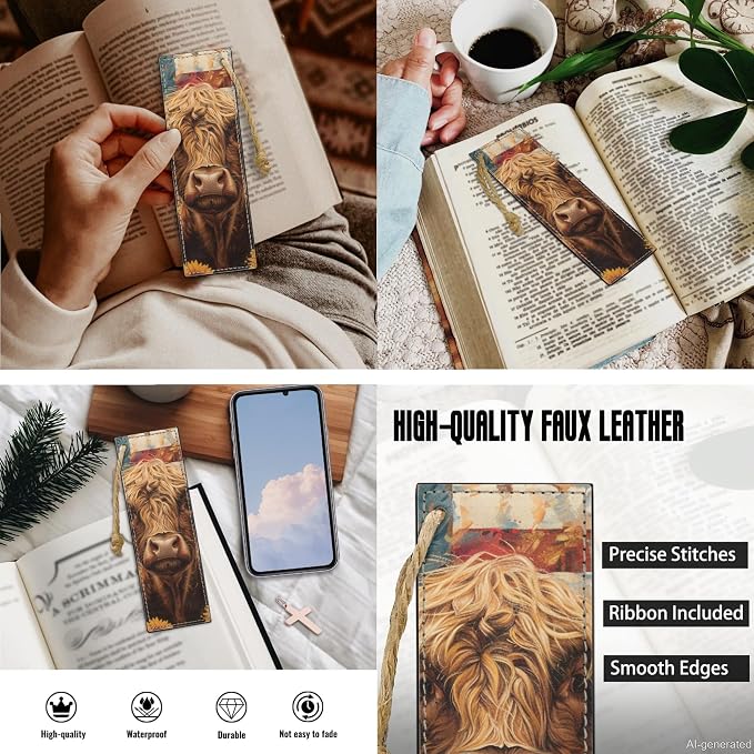 Lotusorchid Highland Cow Leather Bible Cover with Matched Book Marks, American Flag Bible Carrying Case Bible Bag for Women, Protective Bible Case with Pen Storage, Brown, Size M