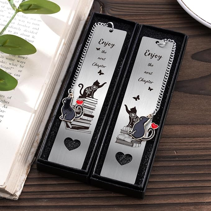 Cute Cat Metal Bookmark - 2 PCs Enjoy The Next Chapter Bookmarks Reading Women Men Teachers Retirement Gifts Book Markers Pendant Book Cat Lovers Readers Students Family Friends Birthday