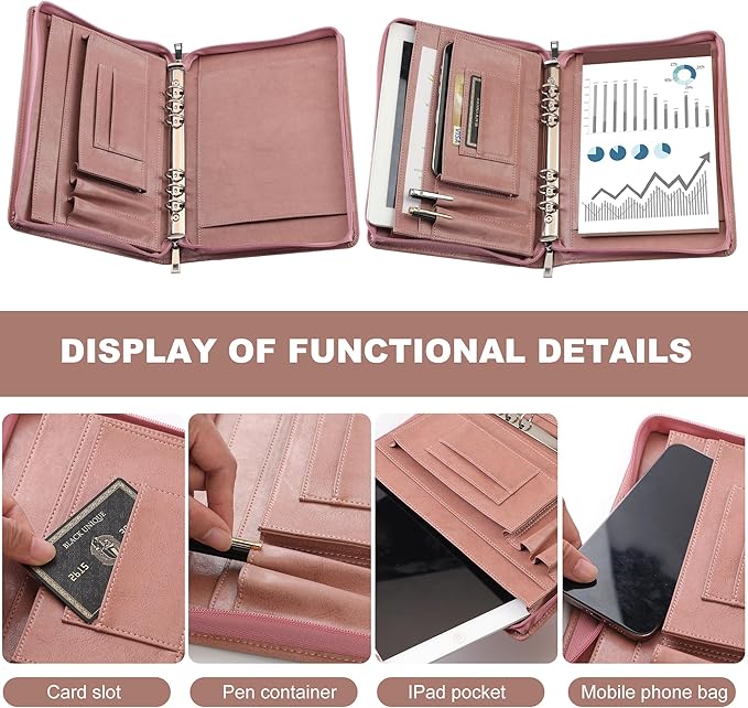 KISSKI A5 Planner Binder Padfolio for Women, Small 6 Ring Resume Folders for Interview, Vegan Leather Portfolio Organizer Folio with Zipper and 1pc A5 Notepad, Business Card/Pen Holder, Gifts, Pink