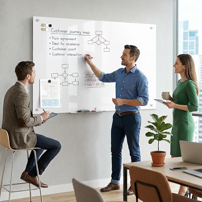 Large Glass Whiteboard, Enhanced Magnetism Glass Dry Erase Board for Wall, 48" x 36" Pure White Tempered Glass Board, 4' x 3' Big White Board for Home, Office, School