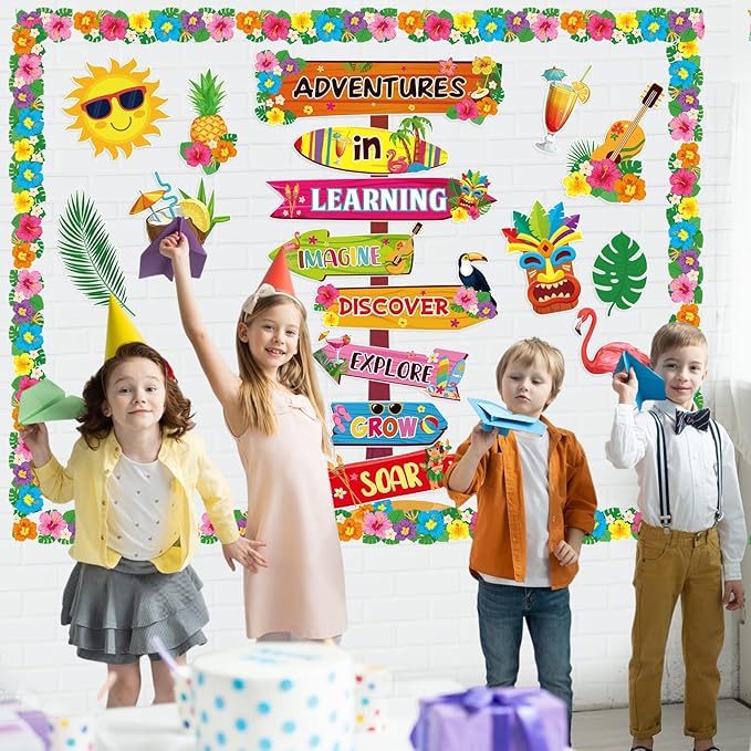 Epakh Summer Adventure in Learning Bulletin Board Sets Hawaiian Signpost Classroom Decorations Aloha Luau Tiki Paper Cutouts with Hawaii Flower Borders for Door Wall Back to School Office Supplies