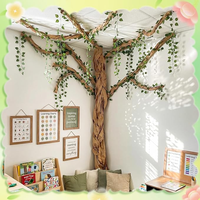 3D Tree for Classroom Room Wall Decor Classroom Tree Bulletin Board Set Artificial Flower Vine Garland DIY Kraft Craft for Spring Flower Plant Party Decoration Supplies