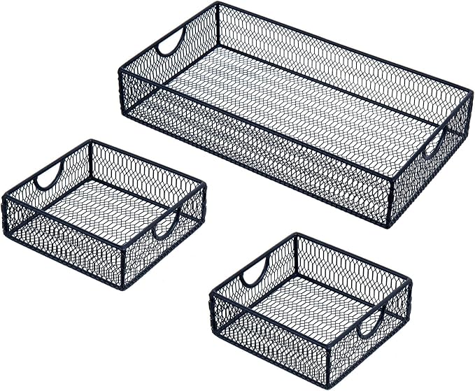 MyGift Modern Geometric Diamond Pattern Black Metal Wire Tabletop Organizer Trays, Office Desk Supplies Nesting Bins, Makeup Accessories Drawer Storage, 3 Piece Set