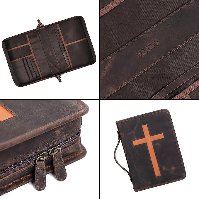 ELIZO Leather Bible Cover Bible Case for Men Women Genuine Leather Bible Bag Holder Cross Large Carrying with Zipper Case Protector Christian Religious Gifts for Mens Pioneer Study