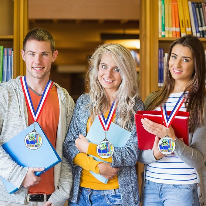 Cunno 20 Pcs Reading Medals Bulk 2'' Book Worm Reading Award Medals with Neck Ribbon Trophy Prizes Winner Gift for School Classroom Students Teaching Competitions Supplies