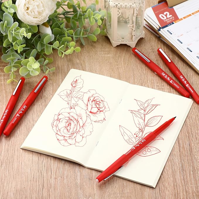 Fuyoooo 36 Pcs Red Felt Tip Pens 0.7mm Medium Point Felt Tip Marker Pens Bulk, No Smear, Quick Dry for Journaling Planner Writing Note-taking Art Office and School Supplies
