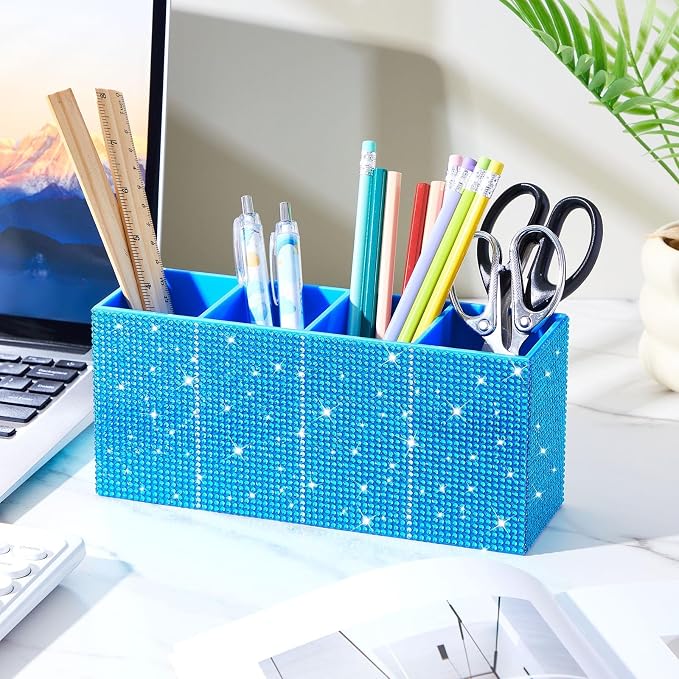 Bling Makeup Brush Organizer for Women, Rhinestone Desk Organizer Pen Holder, Girly Eyeliners Display Case for Vanity, Office, Elevate Your Workspace with Serenity(Rhinestone, Blue)