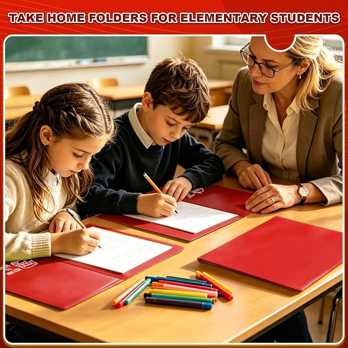 24 Pcs Back to School Take Home Folders for Elementary Students 2 Pocket Folders with Clear Front Pocket 4 Inner Pockets Plastic Parent Teacher Communication Folder 11.81 x 9.45 Inch (Red)