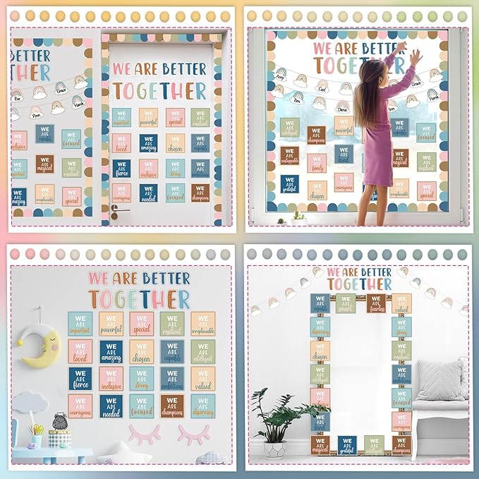 QOUBAI Boho Affirmation Station Bulletin Board Set Motivational Together We are Better Bulletin Board Inspirational Positive Sayings Cutouts Classroom Decor for Back to School Decor Wall Door