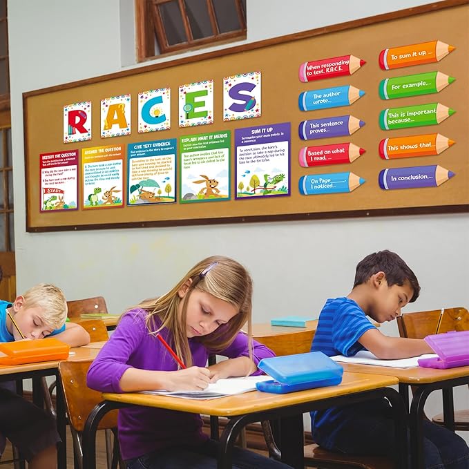 Outus 36 Pcs RACES Writing Strategy Bulletin Board Poster Set, Alphabet Cutout and Writing Posters, Pencils with Sentence Beginning and Blank Pencils for Elementary School Classroom Wall Decoration