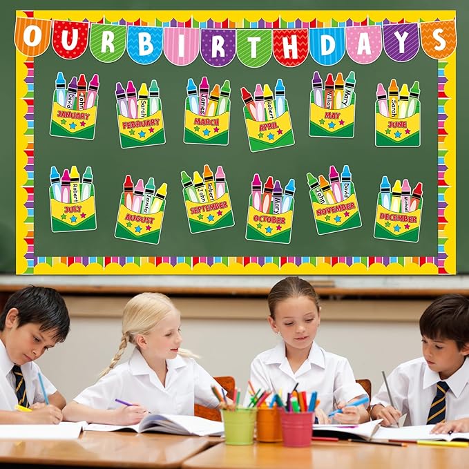 Justforjoyful Birthday Bulletin Board Classroom Decorations Crayon Box Cutouts Colorful Crayon Name Tags Decoration for Wall Chalkboard Decors Preschool Classroom Decor Teacher Back to School Supplies