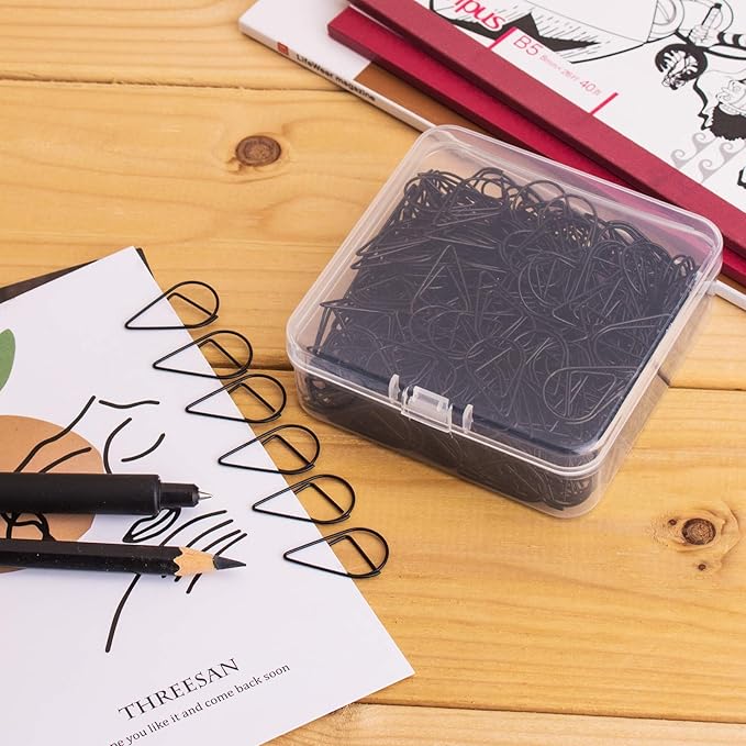 Black Cute Paper Clips, VENCINK 300 Pieces Smooth Stainless Steel Drop-Shaped Wire Small Paperclips for Office Supplies Wedding Women Girls Kids Students Paper Document Organizing (1 inch)