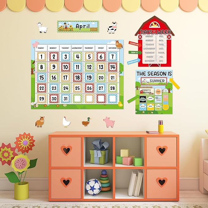Farm Animal Calendar Bulletin Board Set for Classroom Decoration Farmhouse Calendar Seasons Weather Chart Barnyard Animal CTP Bulletin Board Paper-Cuts for Teachers Elementary School Classroom