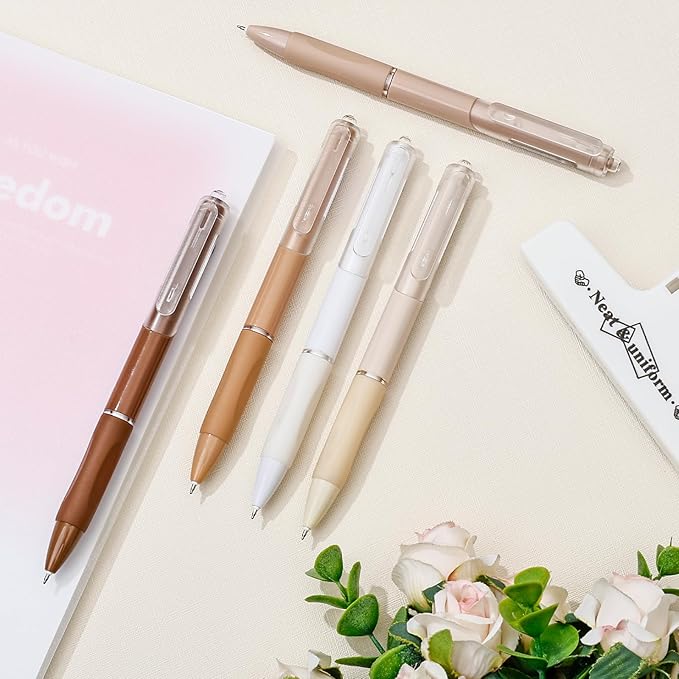 Temiary 5 Pcs Retractable Gel Pens, 0.5 mm Black Ink Fine Point Quick Dry Gel Ink Pen, Aesthetic Smooth Writing for School Office Journaling Note Taking and Sketching (Coffee)