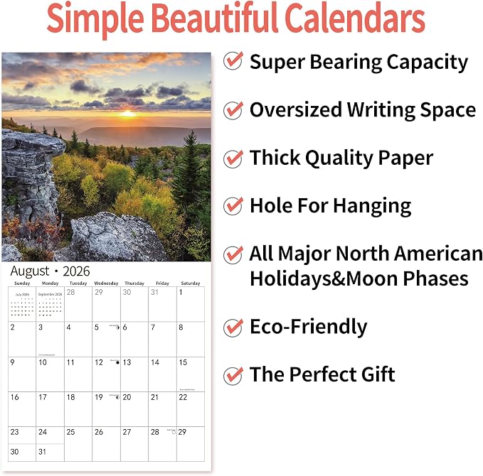 2026 Wall Calendar,14 Monthly Wall Calendar America's National Parks Nov. 2025 - Dec. 2026, 12" x 18.2" Opened,Full Page Months Thick & Sturdy Paper for Gift Perfect Calendar Organizing