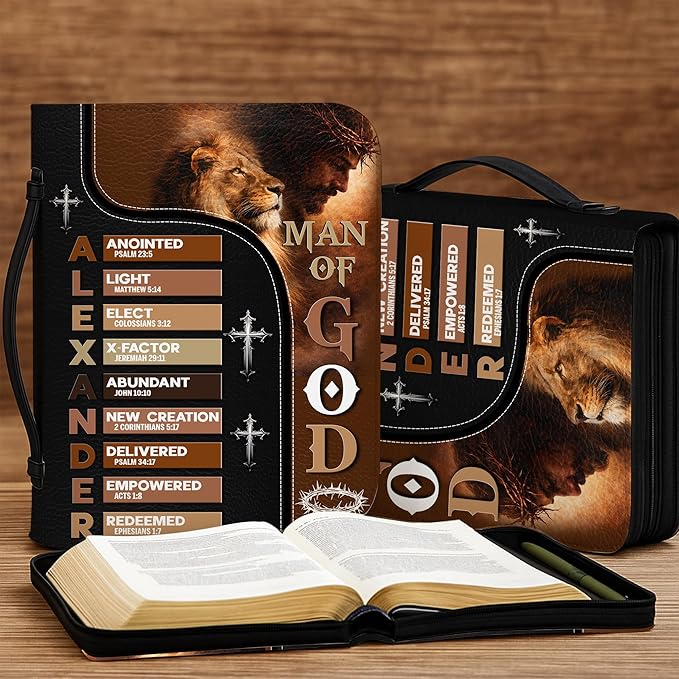 Custom Leather Bible Cover with Name β Personalized Bible Case for Women Zippered with Handle, Bookmark & Storage Pockets, Christian Gift for Mom, Daughter, Grandma (Man - God Says You are, M-2XL)