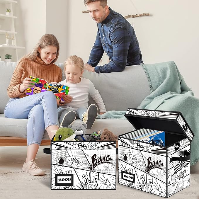 10 Pack Comic Book Storage Box, 15.8" X 7.8" X 11.8", Heavy Duty Collapsible Holds 160-180 Comic Book Bin Container Holder Shelf (Cartoon Bombs)