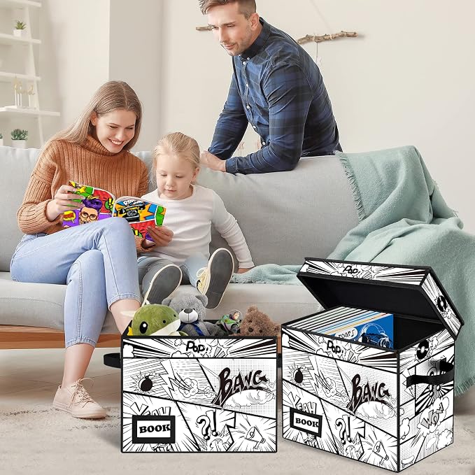 Comic Book Storage Box, 15.8" X 7.8" X 11.8", Heavy Duty Collapsible Holds 160-180 Comic Book Bin Container Holder Shelf (Cartoon Bombs)